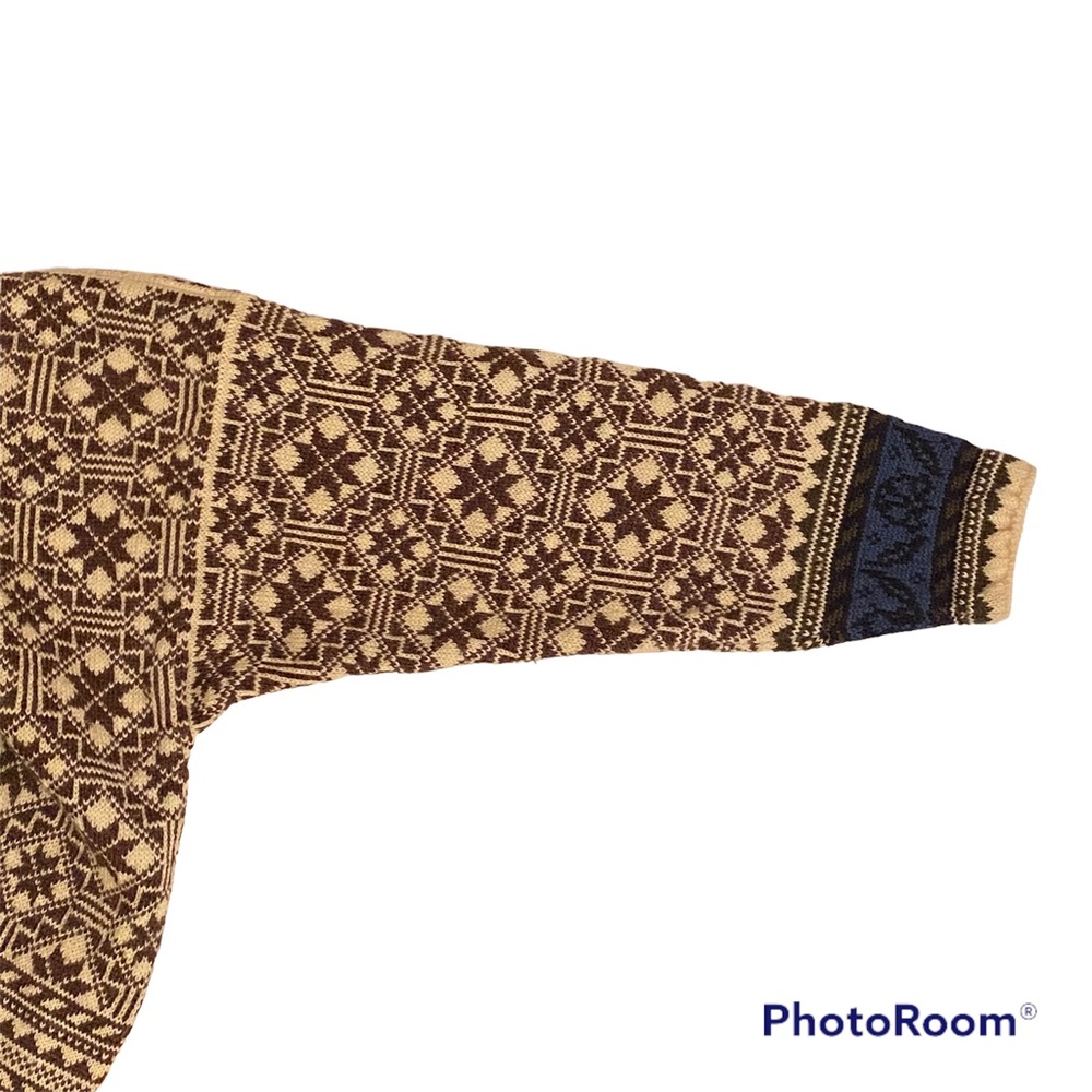 OLEANA NORWAY SWEATER CARDIGAN BROWN CREAM BLUE FAIR ISLE WOOL SQUARE NECK S - Picture 5 of 11